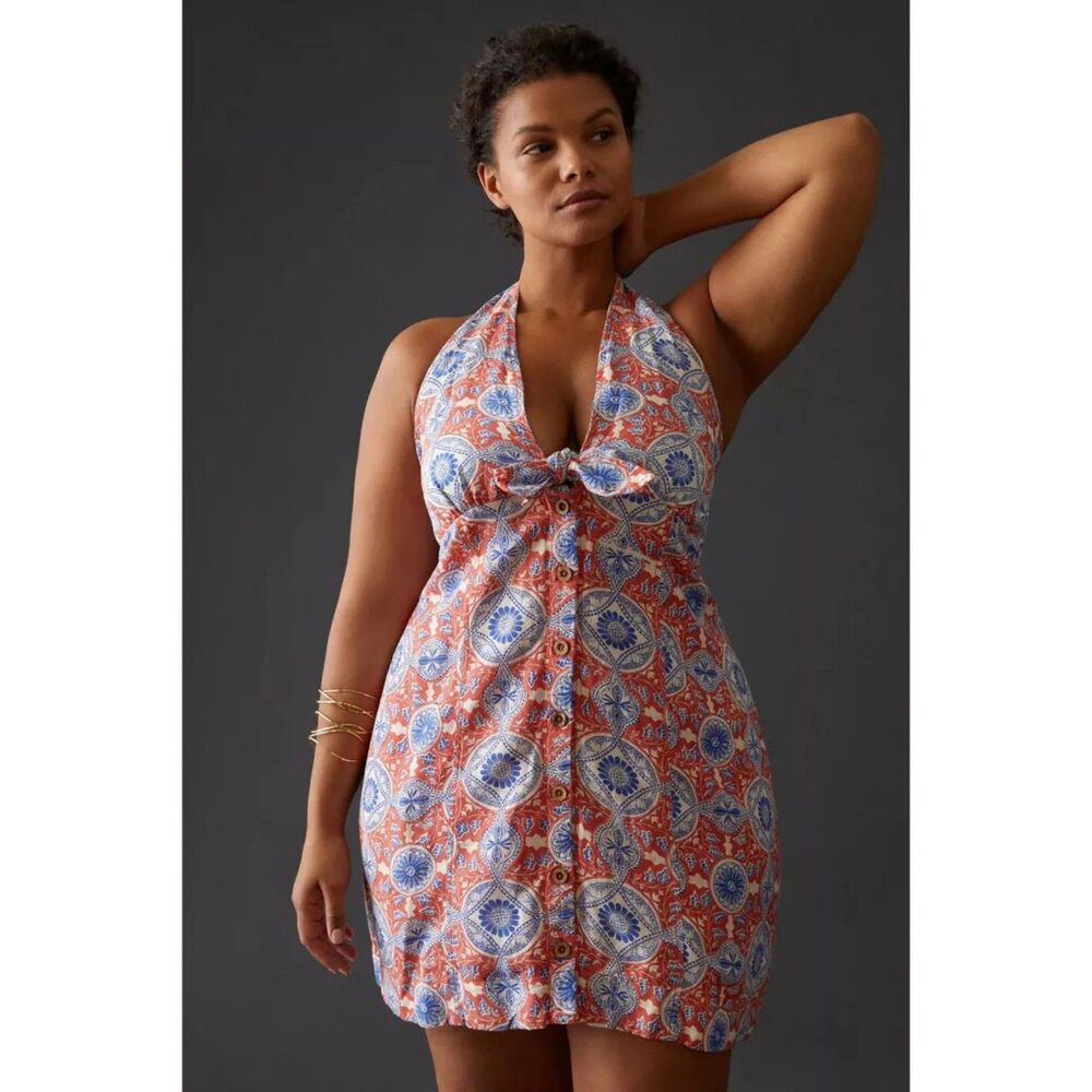 Maeve Anthropologie Linen Blend Halter Top Button Up Mini Dress M Boho Coastal